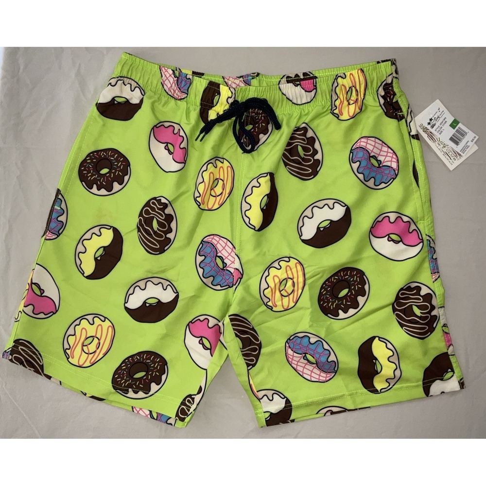 NWT Men's U.S. Surf Club Oahu, Hawaii Neon Green‎ Donut Swim Trunks - Large